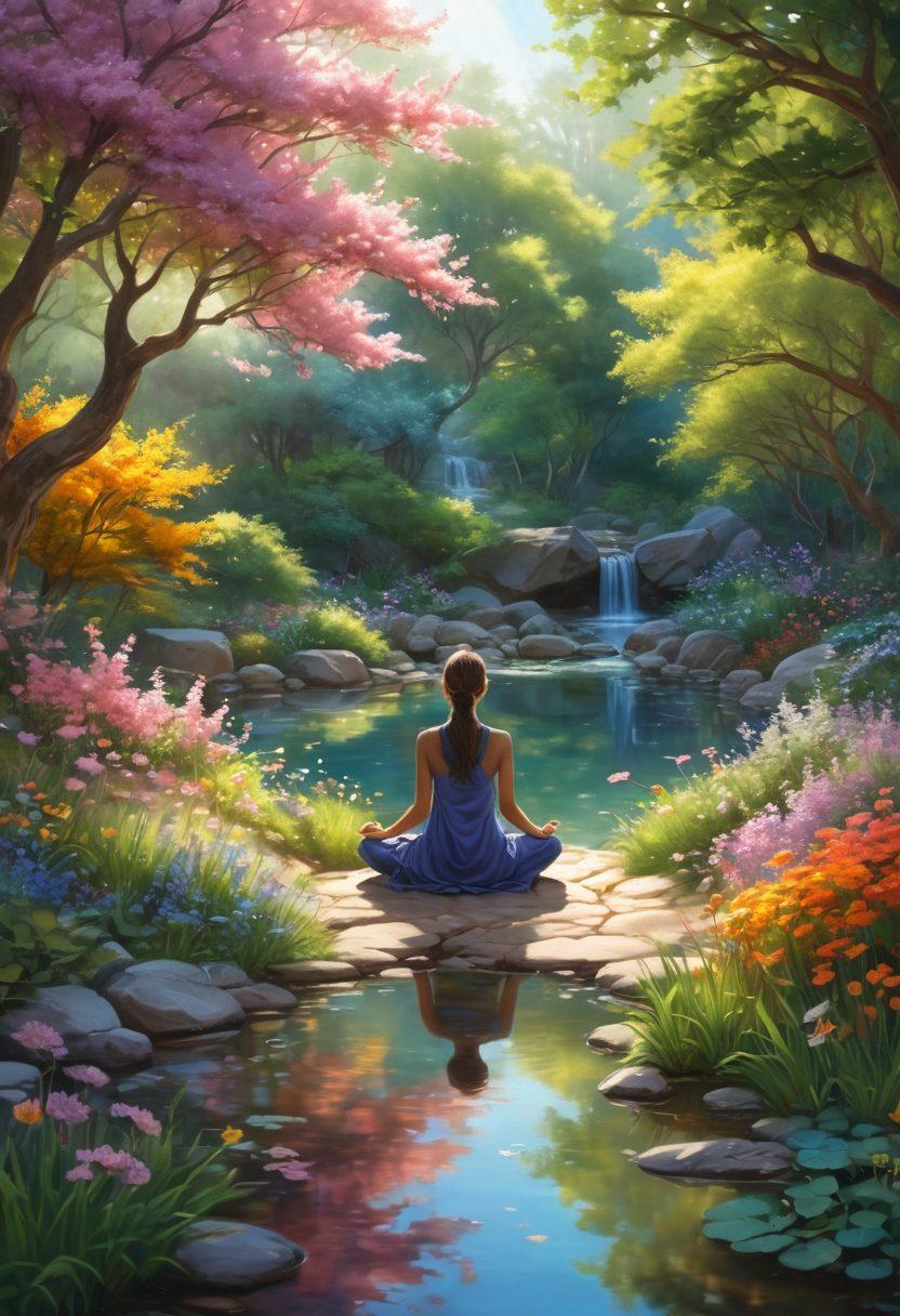 A serene landscape depicting a person meditating in a tranquil garden, surrounded by blossoming flowers and gentle streams, symbolizing healing and growth. Soft sunlight filters through the trees, creating a warm and uplifting atmosphere. The figure radiates a sense of peace and strength, embodying the journey from sorrow to empowerment through mindfulness and self-care. vibrant colors. super-realistic.