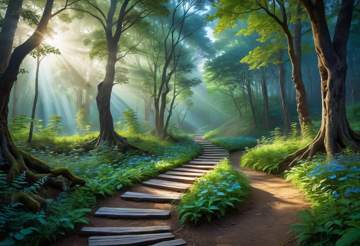 A serene landscape featuring a winding path through a tranquil forest, symbolizing a journey towards mental wellness. Along the path, soft glowing orbs represent therapy and support, illuminating the way. Include diverse people engaging in therapy sessions, discussing with caring friends, or meditating in nature. The scene should evoke a sense of peace and empowerment, with vibrant colors showcasing a bright sky and lush greenery. soft painting style. vibrant colors.
