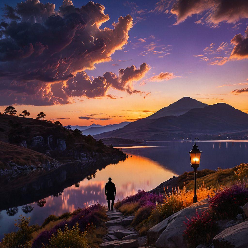 A person standing atop a hill at dusk, silhouetted against a radiant glow breaking through dark clouds, symbolizing hope and resilience. Surrounding them are glowing lanterns floating into the sky, representing emotional support. The landscape is filled with gentle hills and a serene lake reflecting the colors of the sunset. Soft, warm colors mingle with deep blues and purples to evoke a sense of calm and strength. super-realistic. vibrant colors.